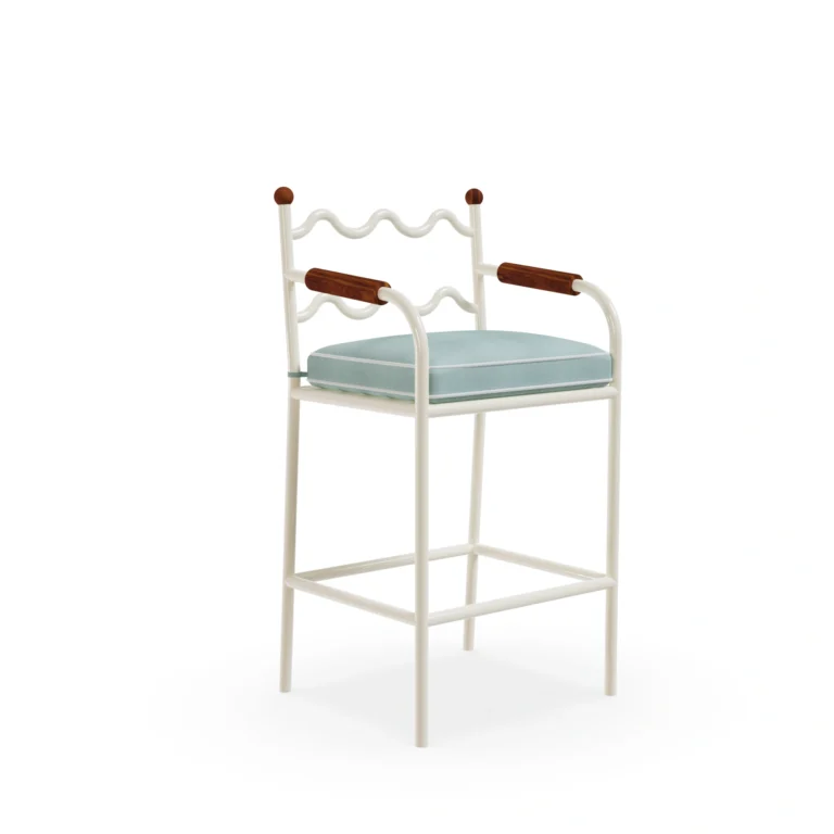 Valldemossa Bar Chair by Mediterrazza, Outdoor Bar Chair in Lacquered Metal, Synthetic Leather, Cord. Lifestyle front view set in a bespoke Mediterranean outdoor living space.