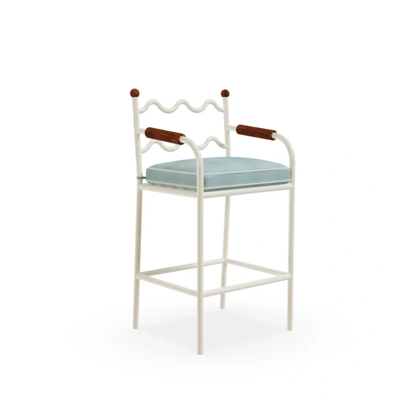 Valldemossa Bar Chair by Mediterrazza, Outdoor Bar Chair in Lacquered Metal, Synthetic Leather, Cord. Lifestyle front view set in a bespoke Mediterranean outdoor living space.