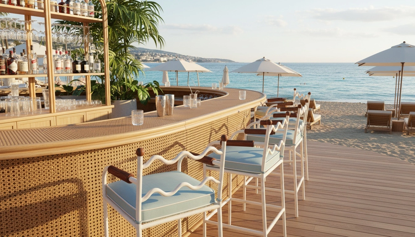 Elegant bar chairs with white frames and light blue cushions at a rattan beach bar overlooking the sea with umbrellas and loungers.