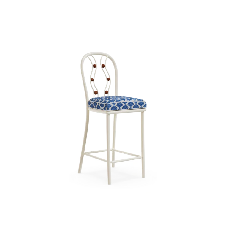 Vernazza Bar Chair by Mediterrazza, Outdoor Bar Chair in Iroko Wood, Fabric, Cord. Lifestyle front view set in a bespoke Mediterranean outdoor living space.