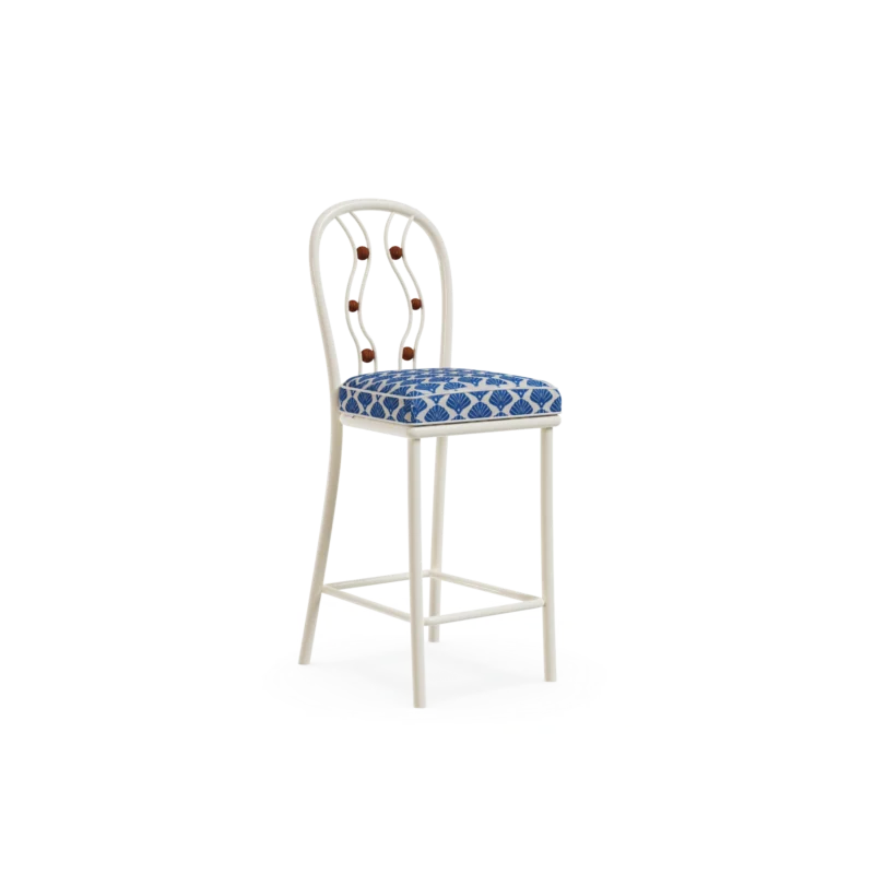 Vernazza Bar Chair by Mediterrazza, Outdoor Bar Chair in Iroko Wood, Fabric, Cord. Lifestyle front view set in a bespoke Mediterranean outdoor living space.