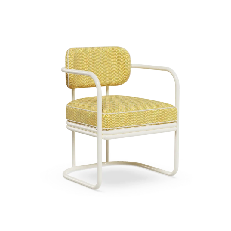 Zagaleta Dining Chair by Mediterrazza, Outdoor Dining Chair in Iroko Wood, Fabric, Cord. Lifestyle front view set in a bespoke Mediterranean outdoor living space.