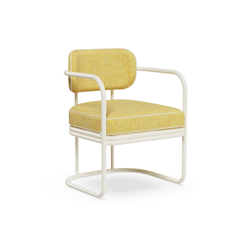 Zagaleta Dining Chair by Mediterrazza, Outdoor Dining Chair in Iroko Wood, Fabric, Cord. Lifestyle front view set in a bespoke Mediterranean outdoor living space.