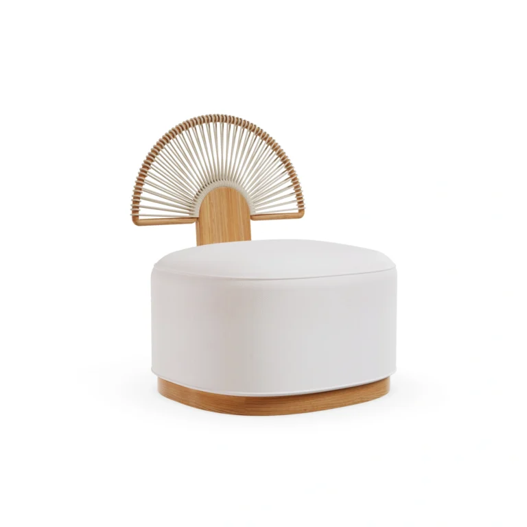 Antibes Armchair by Mediterrazza, Outdoor Armchair in Iroko Wood, Textile, Cord. Lifestyle front view set in a bespoke Mediterranean outdoor living space.