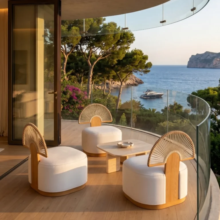 Mediterrazza outdoor furniture set on a luxury balcony overlooking the Mediterranean sea.