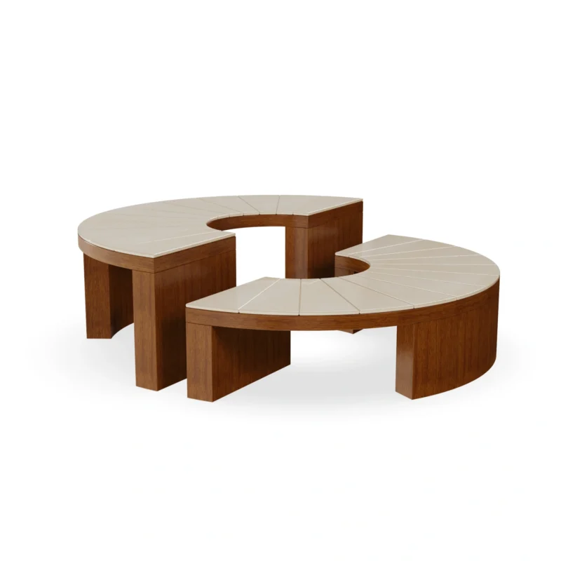 Benissa Coffee Table by Mediterrazza; a modular circular outdoor table handcrafted in premium iroko wood and ceramic.