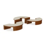 Benissa coffee table by Mediterrazza in iroko wood and ceramic, modular circular design with a sculptural form and natural textures.