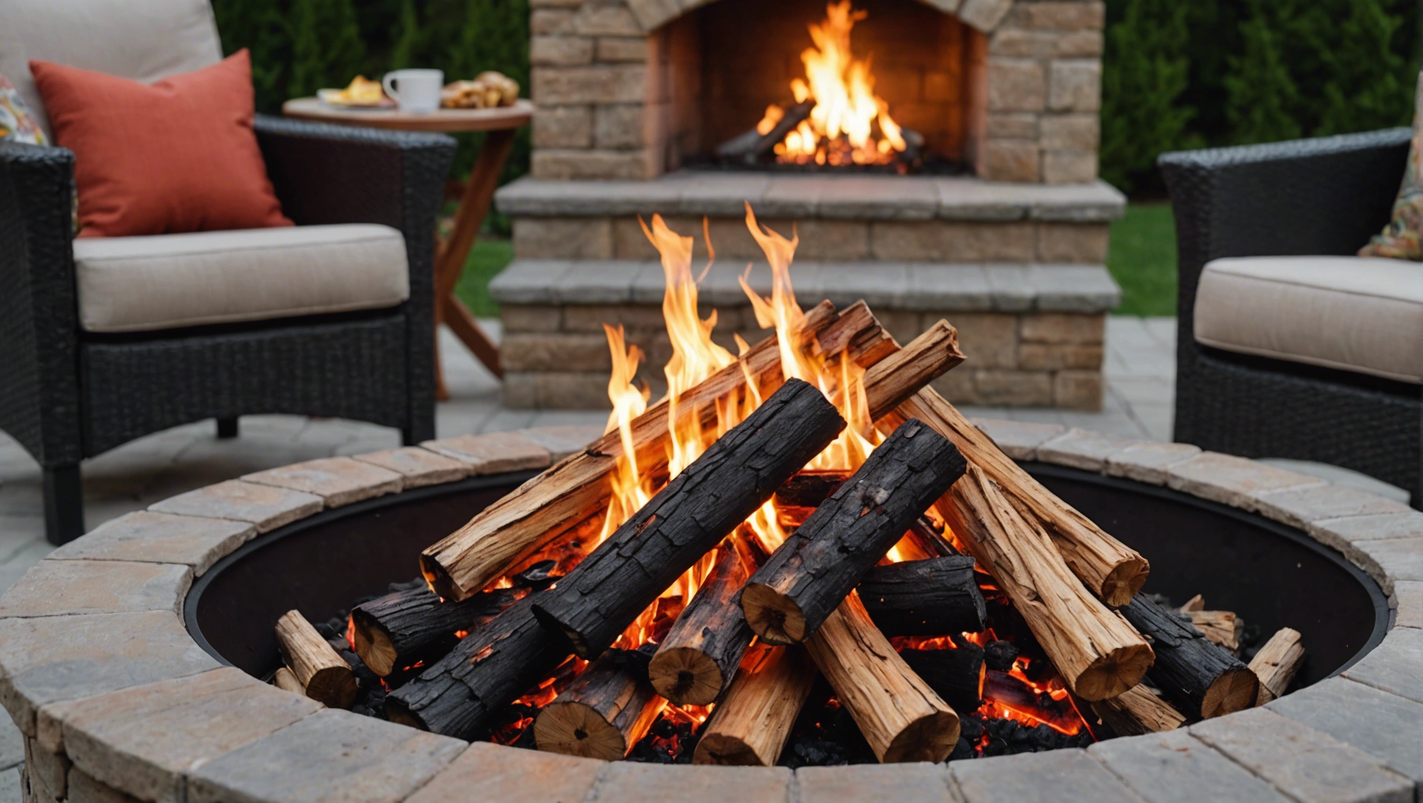 Stone fire pit with burning logs on a patio, surrounded by cushioned wicker chairs and outdoor fireplace backdrop.