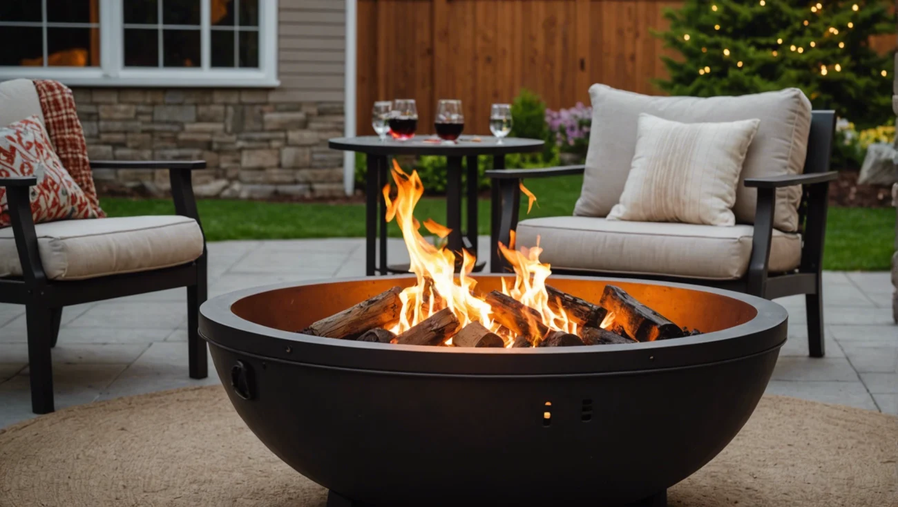 Round metal fire pit with wood logs burning, set in a cozy backyard patio with cushioned lounge chairs and drinks table.