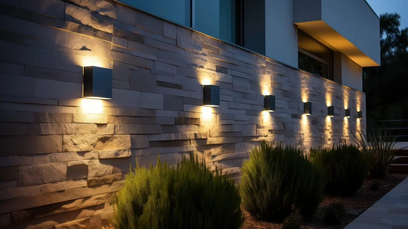 Contemporary outdoor wall lighting illuminating a stone-clad facade with warm light for a sophisticated evening ambiance.