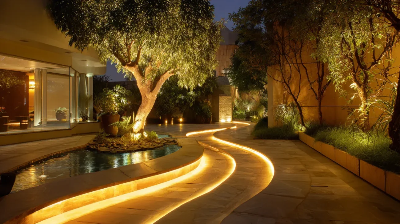 Luxury garden pathway with embedded LED lighting and lush landscaping creating an elegant illuminated walkway.