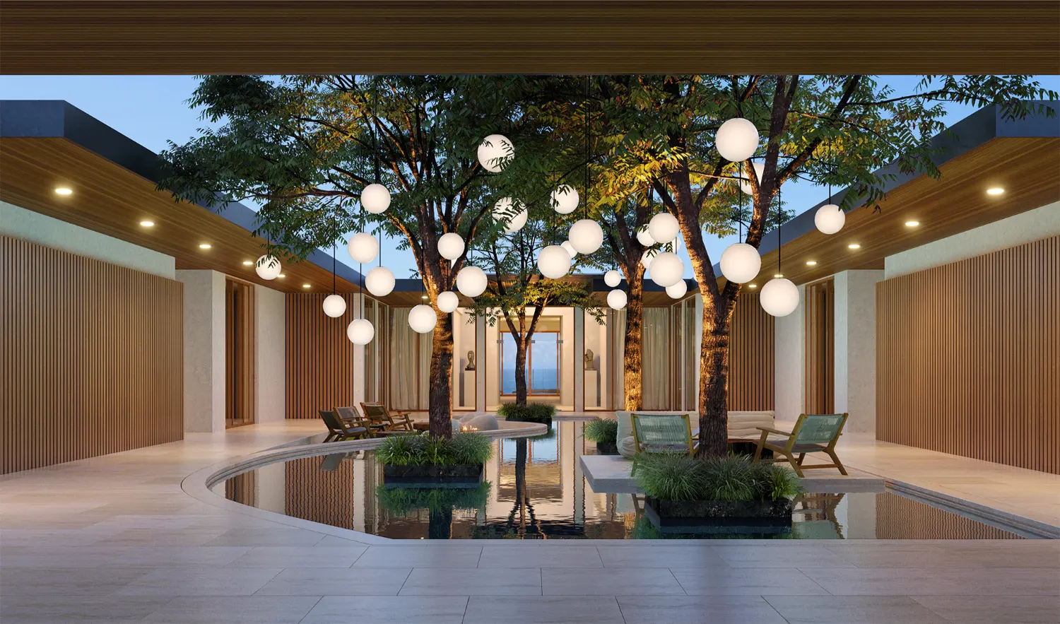 Elegant courtyard with suspended globe lights over a reflective water feature surrounded by trees and modern architecture.