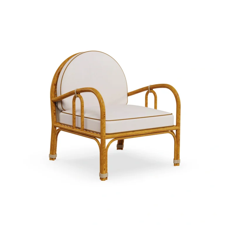 Cyclades Armchair by Mediterrazza, Outdoor Armchair in Iroko Wood, Textile, Cord. Lifestyle front view set in a bespoke Mediterranean outdoor living space.