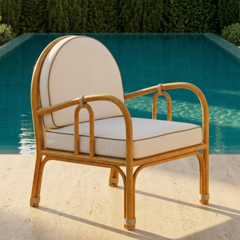 Cyclades outdoor armchair by Mediterrazza with a curved wooden frame and cream cushions next to a pool.