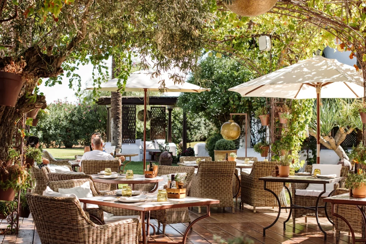 Rustic Ibiza garden restaurant with wicker chairs, wooden tables, and shaded dining under olive trees and umbrellas.