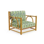 Comporta Armchair by Mediterrazza, Outdoor Armchair in Iroko Wood, Fabric, Leather, Cord. Lifestyle front view set in a bespoke Mediterranean outdoor living space.
