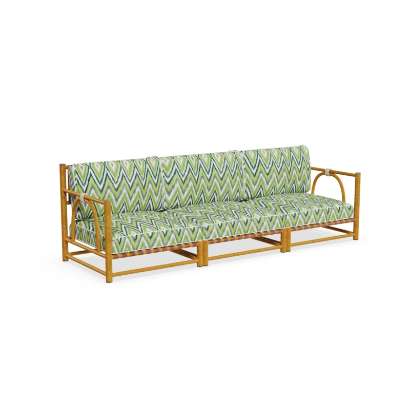 Comporta Sofa by Mediterrazza, Outdoor Sofa in Iroko Wood, Fabric, Leather. Lifestyle front view set in a bespoke Mediterranean outdoor living space.