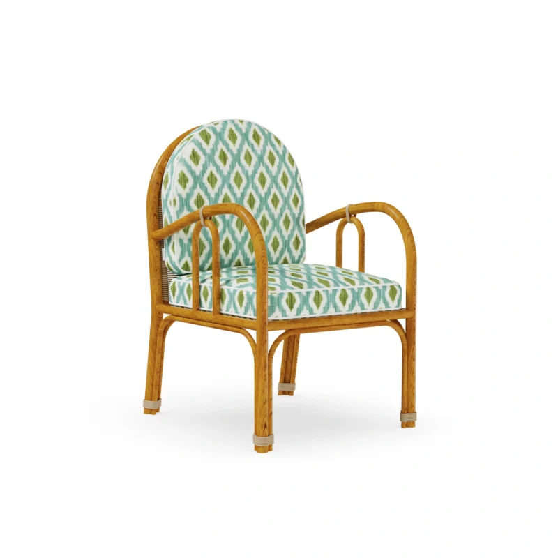 Cyclades Dining Chair by Mediterrazza, Outdoor Dining Chair in Iroko Wood, Textile, Cord. Lifestyle front view set in a bespoke Mediterranean outdoor living space.