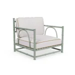 Girona Armchair by Mediterrazza, Outdoor Armchair in Iroko Wood, Fabric, Cord. Lifestyle front view set in a bespoke Mediterranean outdoor living space.