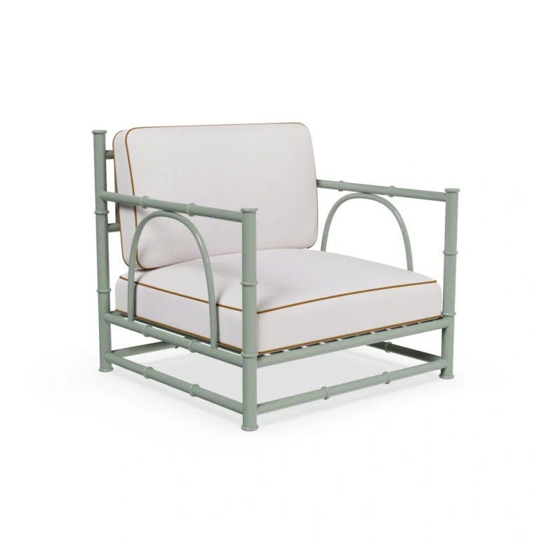 Girona Armchair by Mediterrazza, Outdoor Armchair in Iroko Wood, Fabric, Cord. Lifestyle front view set in a bespoke Mediterranean outdoor living space.