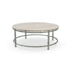 Girona round coffee table by Mediterrazza in lacquered metal, circular outdoor table with bamboo-inspired lines and travertine top.