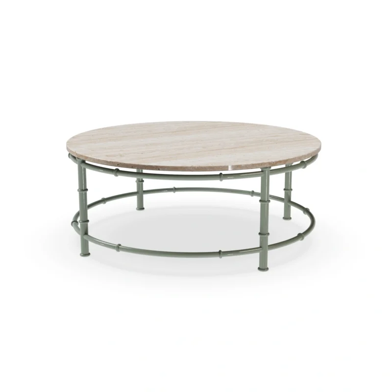 Girona round coffee table by Mediterrazza in lacquered metal, circular outdoor table with bamboo-inspired lines and travertine top.