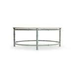 Girona circular coffee table by Mediterrazza in lacquered metal and travertine top, featuring artisanal bamboo detailing and bohemian style.