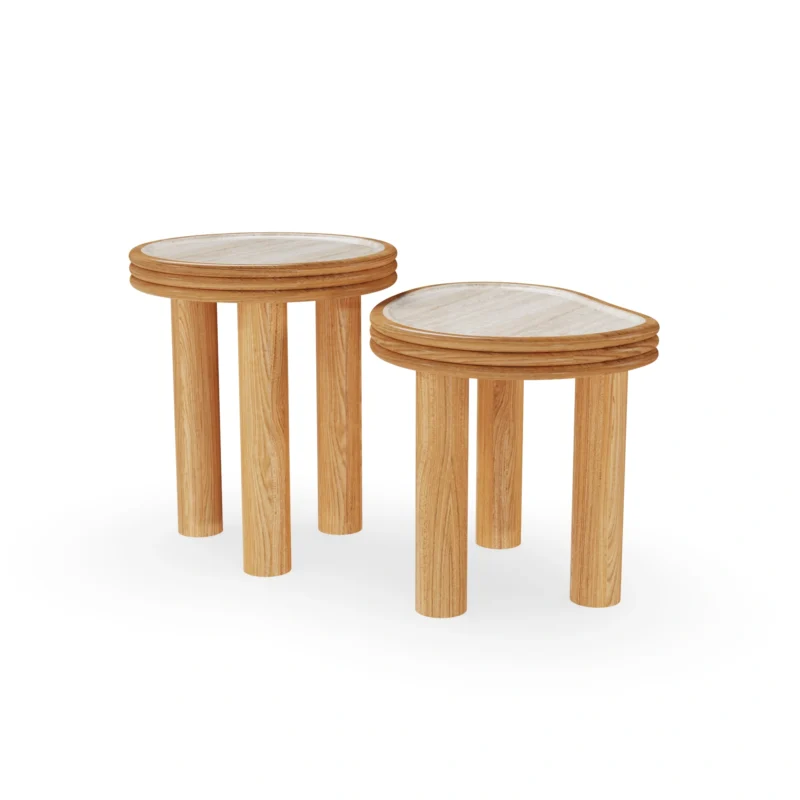 Lagos modular side table by Mediterrazza in iroko wood and travertine, organic silhouette with soft curves and natural stone surface.