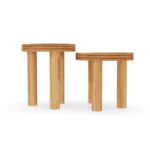 Lagos modular side table by Mediterrazza in travertine and iroko, sculptural nestable design inspired by Mediterranean coastal landscapes.