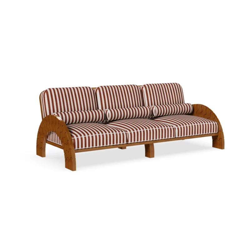 Luna Sofa by Mediterrazza, Outdoor Sofa in Iroko Wood, Fabric, Cord. Lifestyle front view set in a bespoke Mediterranean outdoor living space.