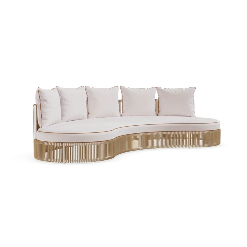 Menton Sofa by Mediterrazza, Outdoor Sofa in Lacquered Metal, Fabric. Lifestyle front view set in a bespoke Mediterranean outdoor living space.