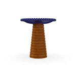 Nice outdoor table by Mediterrazza, sculptural wood base with gentle ridges and a vibrant ceramic top reflecting artisanal precision.