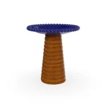Nice side table by Mediterrazza in iroko wood and ceramic, featuring a ridged sculptural base and a deep ocean-blue tabletop.