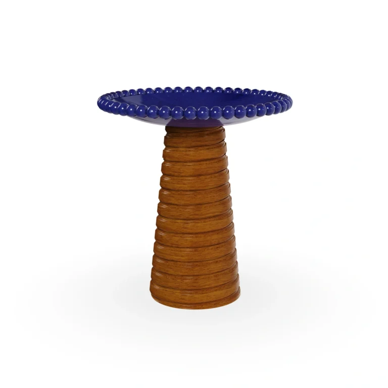 Nice side table by Mediterrazza in iroko wood and ceramic, featuring a ridged sculptural base and a deep ocean-blue tabletop.