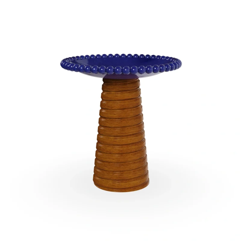 Nice side table by Mediterrazza in iroko wood and ceramic, featuring a ridged sculptural base and a deep ocean-blue tabletop.