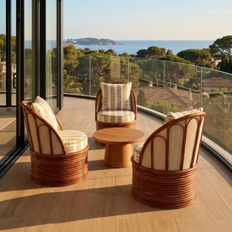 Mediterrazza luxury outdoor seating set on a modern balcony overlooking trees and the sea.