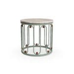 Toulon outdoor table by Mediterrazza, handcrafted lacquered metal structure with iroko wood accents and a timeless natural stone top.