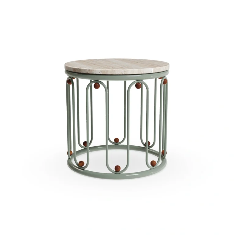 Toulon outdoor table by Mediterrazza, handcrafted lacquered metal structure with iroko wood accents and a timeless natural stone top.