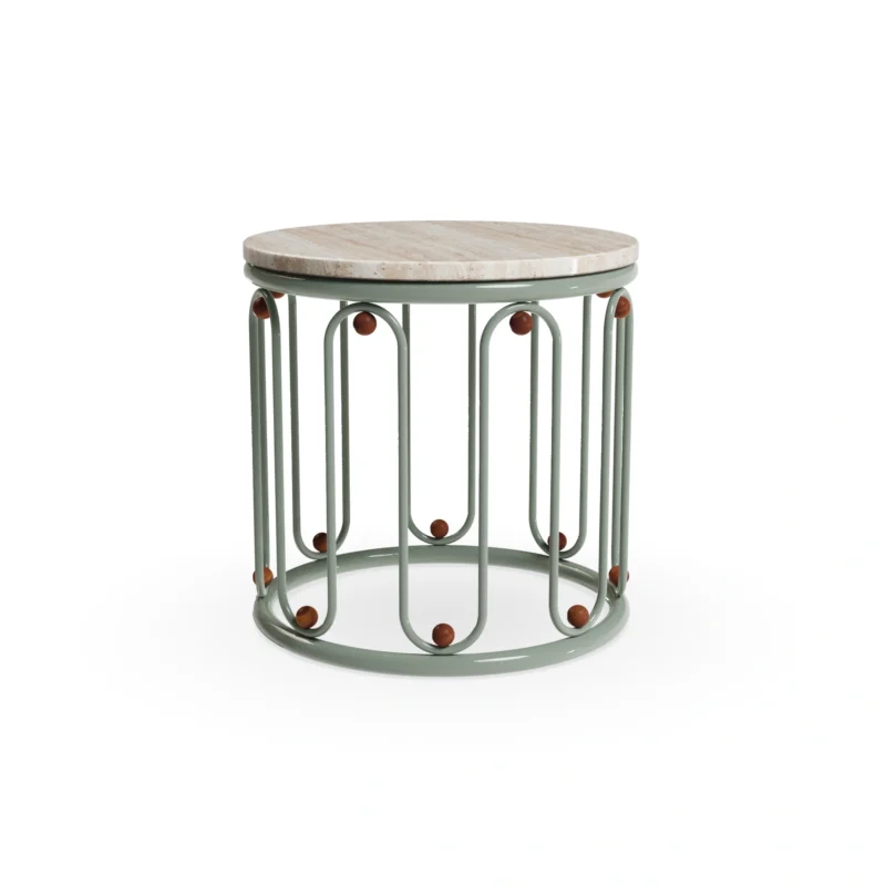 Toulon outdoor table by Mediterrazza, handcrafted lacquered metal structure with iroko wood accents and a timeless natural stone top.