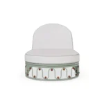 A forward look at the Toulon lounger, where the white-lacquered frame is accented by decorative iroko wood spheres.