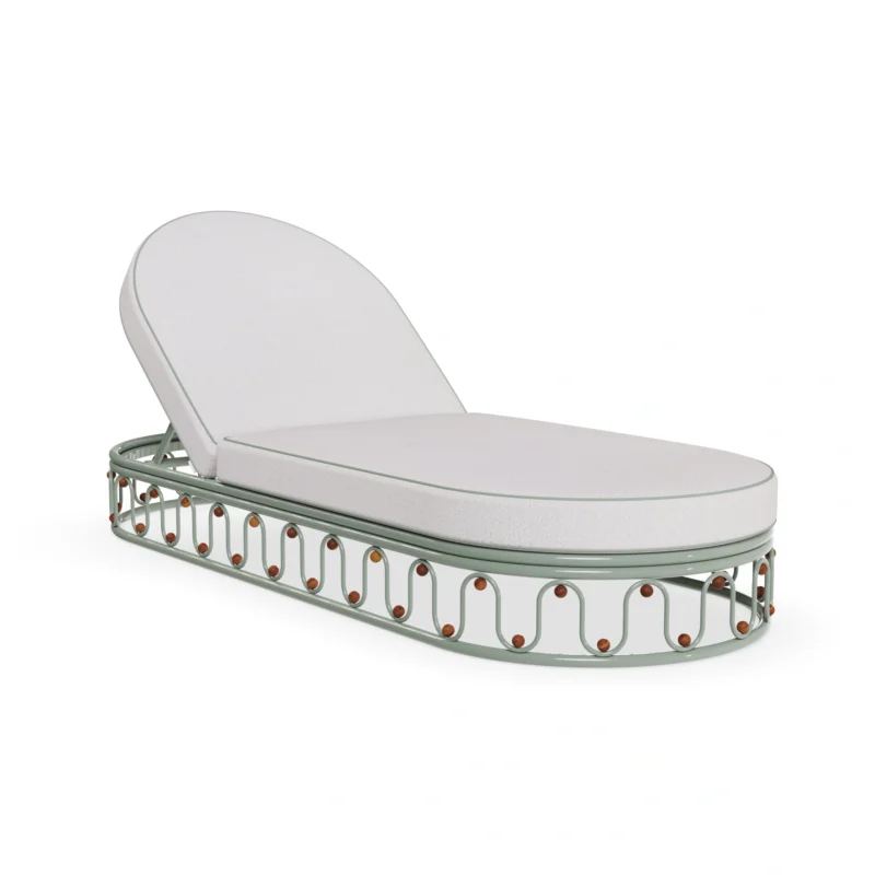 Toulon sunbed by Mediterrazza in lacquered metal, featuring a wave-like sculptural base and soft, rounded cushions.