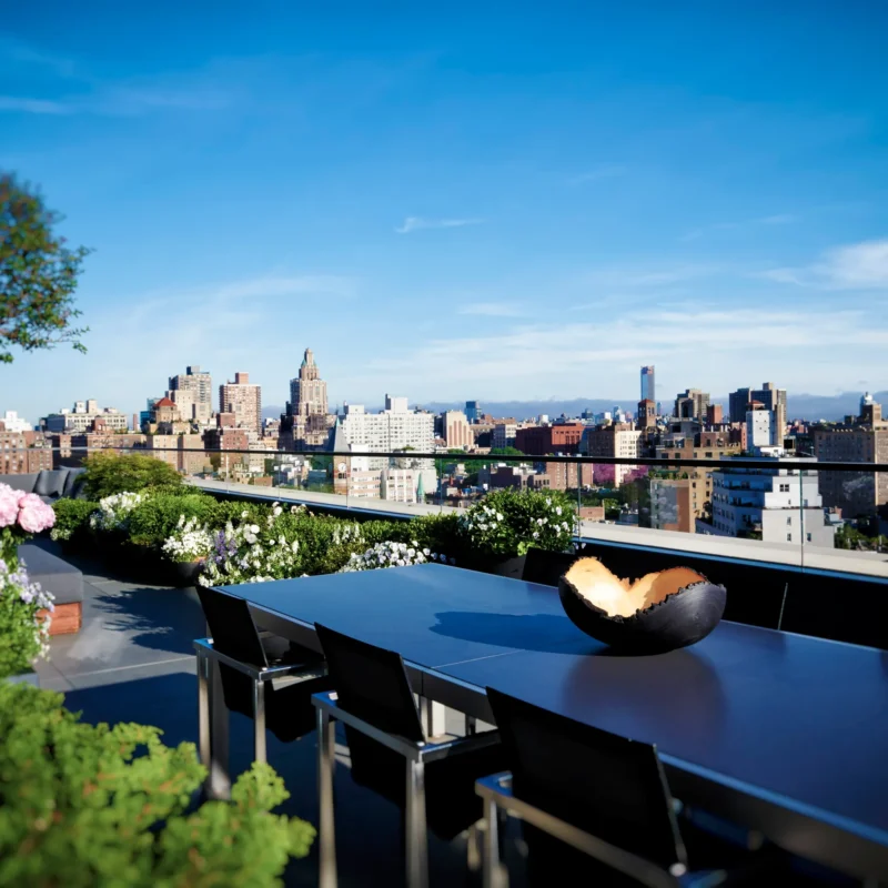 Minimalist New York rooftop dining terrace with panoramic city views, architectural furniture, and planted borders designed for urban outdoor living.