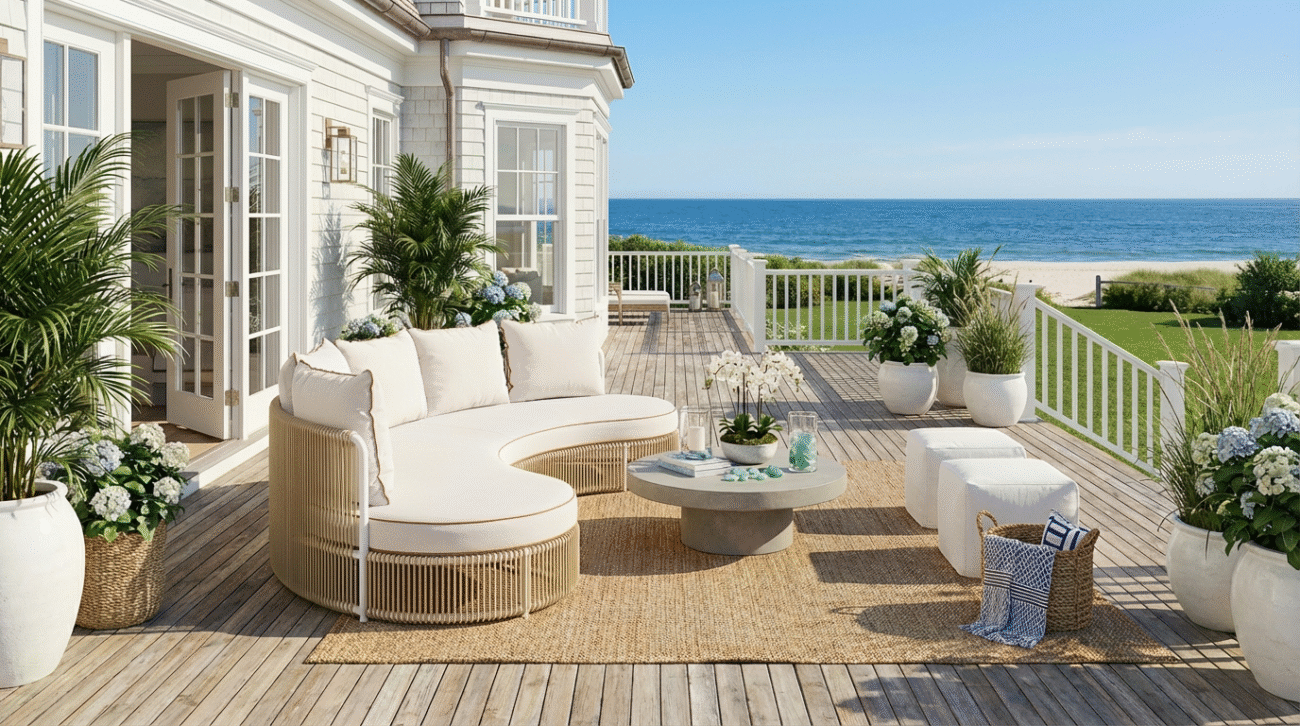 Refined coastal terrace with a curved rope-accented outdoor sofa, neutral cushions, and sculptural coffee table overlooking the ocean, styled in an elegant Hamptons-inspired setting.