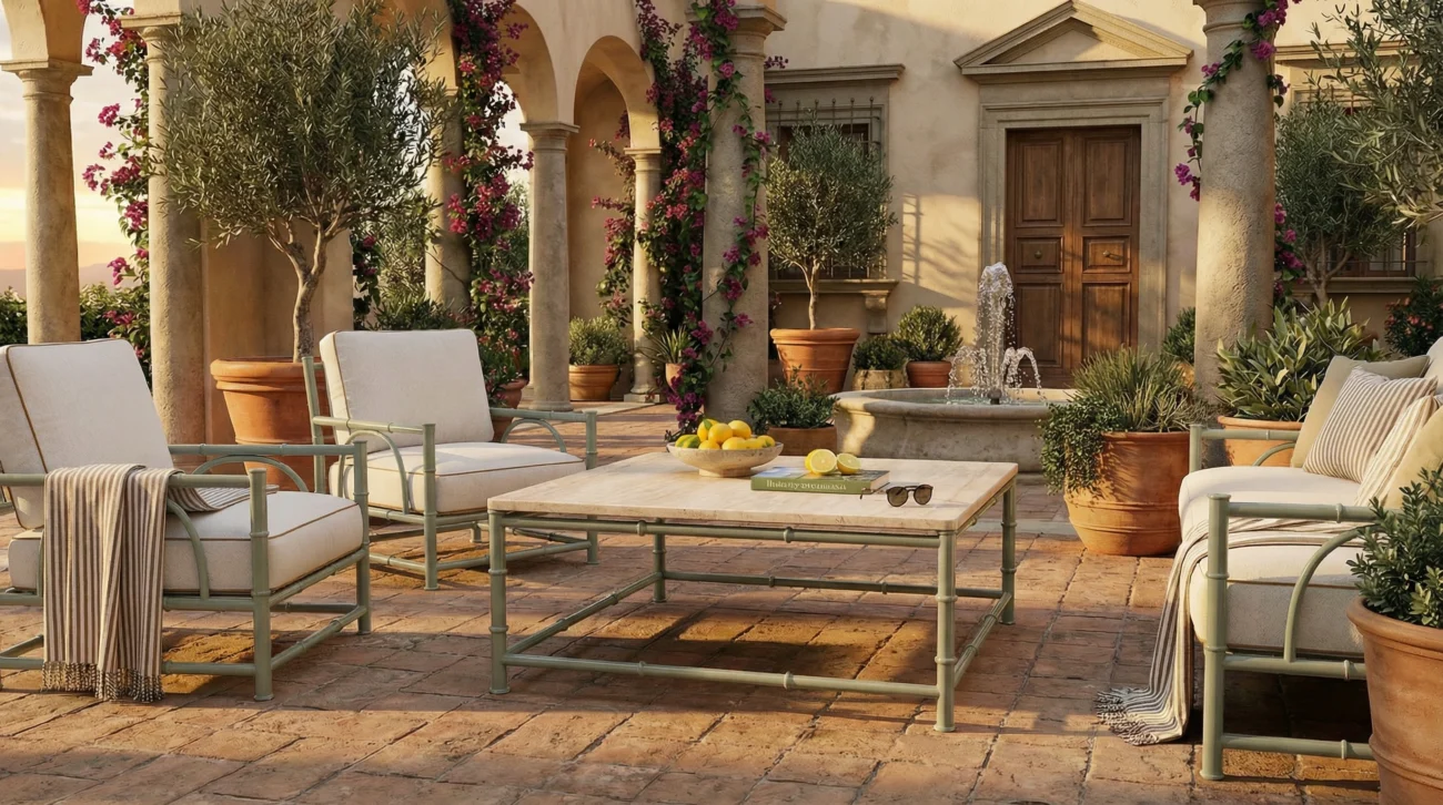 Italian luxury outdoor armchairs with metal frames and soft cushions arranged in a classical courtyard, showcasing elegant weather-resistant outdoor furniture.