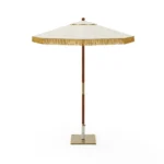 Bellagio outdoor umbrella by Mediterrazza, bespoke iroko and metal furniture piece with a refined silhouette and roller opening system.