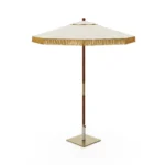 Bellagio terrace parasol by Mediterrazza in weather-resistant textile and iroko timber, an artisanal shade with refined metal hardware.