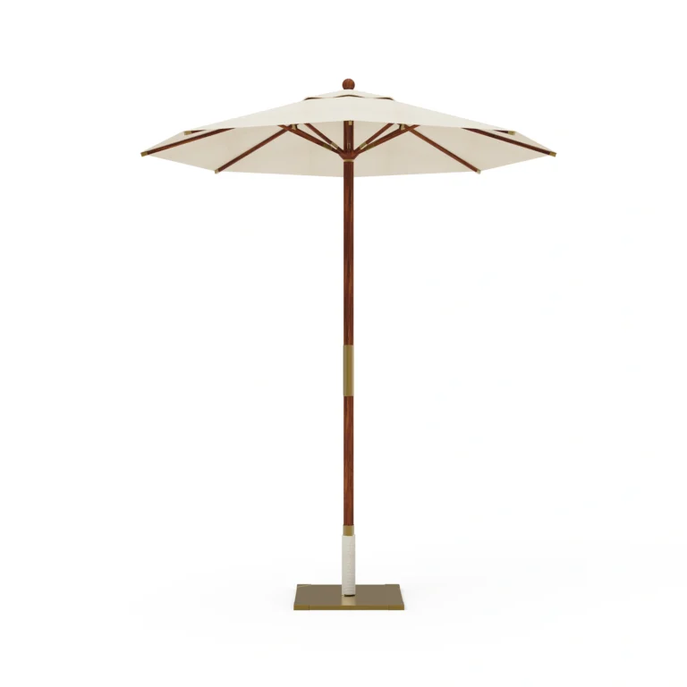 Corinto parasol by Mediterrazza in weather-resistant textile and iroko wood, featuring a sleek handcrafted base and modern silhouette.
