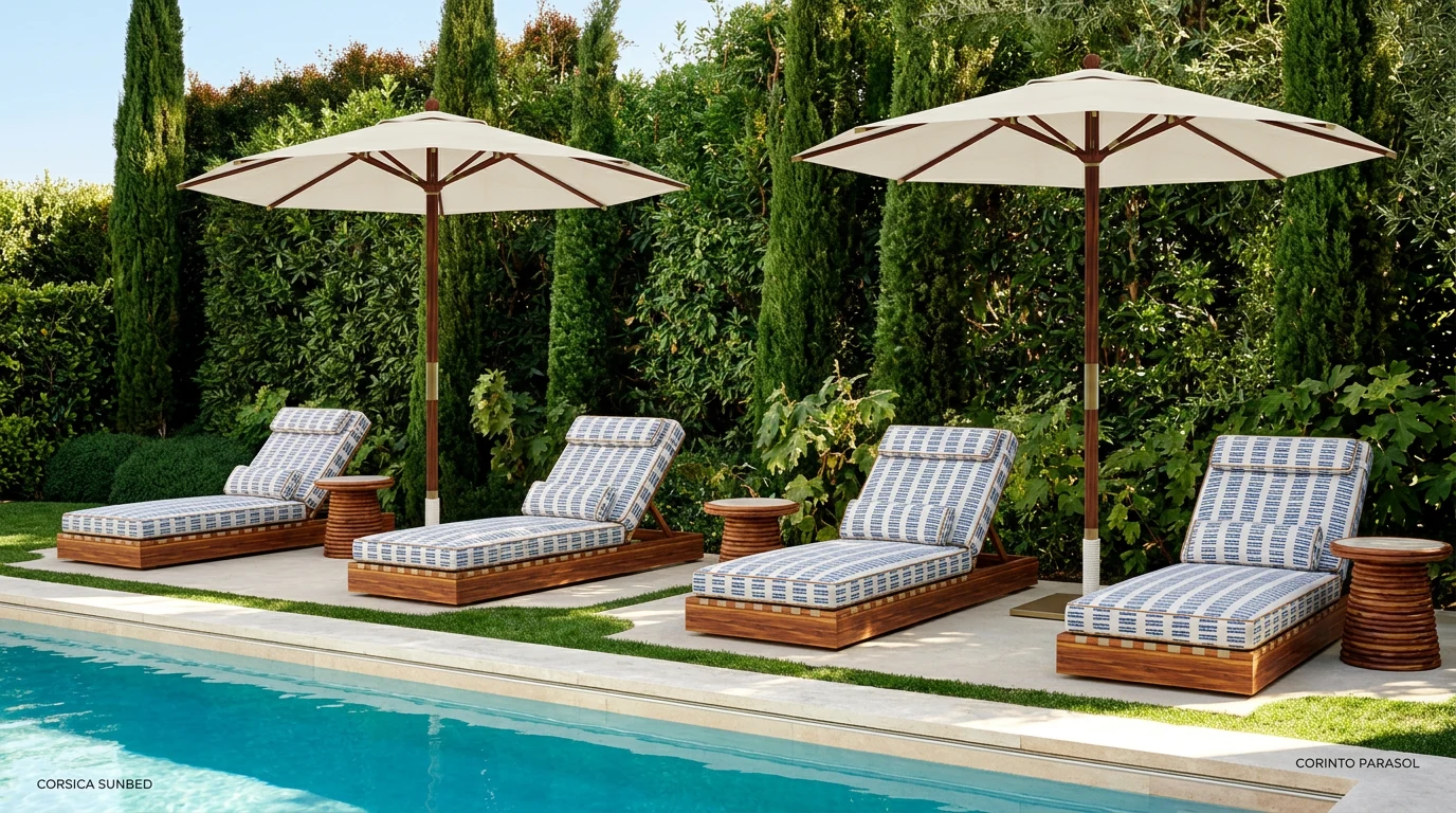 Mediterrazza Corinto parasols in iroko wood and textile, by the pool, paired with iroko chaise lounges and side tables.