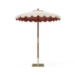 Elba parasol by Mediterrazza in iroko wood and textile, featuring a vintage canopy with decorative piping and a handcrafted wood base.