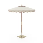 Elba parasol by Mediterrazza in textile and iroko wood, featuring a scalloped canopy with piping and a modern square metal base.